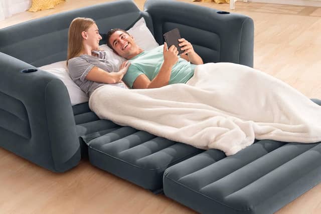 The Intex inflatable sofa transforms from a compact couch into a queen-size bed in minutes, making it ideal for guests, camping and summer movie nights