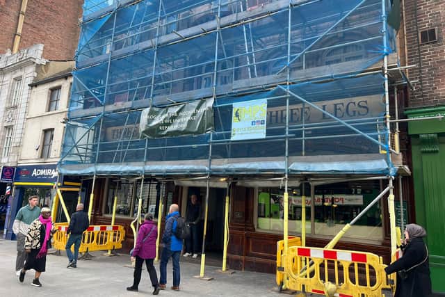 Scaffolding outside The Three Legs on Headrow.
