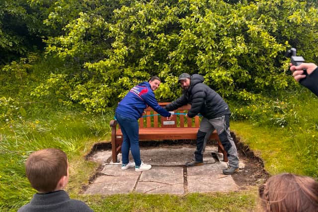 The new illuminated support bench, located in the centre of Morley, was officially opened by Claire Beam (Morley Knights) & Jason Moore (MINT)
