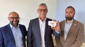 (left to right) Maxillofacial Surgeon Mr Jiten Parmar, patient Andrew Wood holding a bespoke 3D printed model of his eye socket, and Consultant neurosurgeon Asim Sheikh   at Leeds Teaching Hospitals NHS Trust