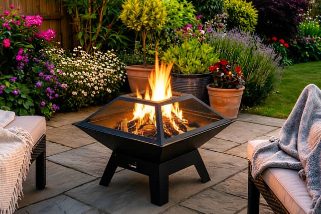 The compact steel BBQ fire pit includes a mesh safety lid and portable design for patios, gardens and camping.