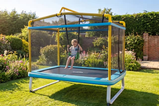 The kids’ 3-in-1 trampoline combines bouncing, swinging and climbing activities in one garden play set.