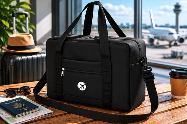 Foldable underseat travel bag designed to fit TUI cabin luggage size guidelines for short breaks and holidays.