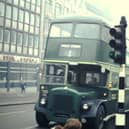 The no. 1 bus on route to Holt Park, outside Eagle Star Group building on The Headrow, close to the junction with Cookridge Street. The bus is Daimler-Roe bodied. Pictured in October 1974.
