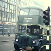 The no. 1 bus on route to Holt Park, outside Eagle Star Group building on The Headrow, close to the junction with Cookridge Street. The bus is Daimler-Roe bodied. Pictured in October 1974.