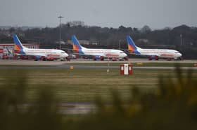 Jet2 passenger jets parked up on the runway at Leeds Bradford Airport on 21 March 2020.