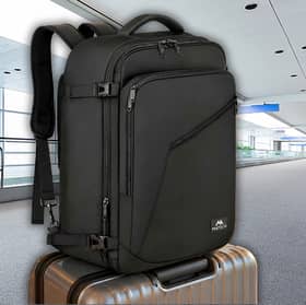 The MATEIN travel backpack includes expandable storage and multiple compartments designed for cabin travel.