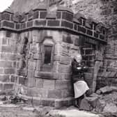 Owner Doris Stead pictured outside the outside toilets at Alma Cottages in March 1993.