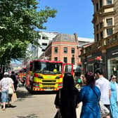 Fire services cordened off the busy area of Leeds city centre around lunchtime today