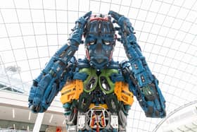 Anguish, a 2.4 metre sculpture constructed from reclaimed tools by artist Ptolomy Erlington in partnership with Wickes, at Leeds Trinity Shopping Centre, highlighting the emotional and financial impact of tool theft.