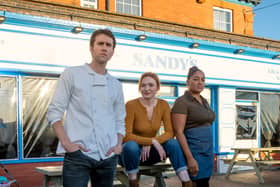 Matthew Lewis as Jimmy Brent, Eleanor Tomlinson as Amanda Blakefield and Danielle Walters as Sandy in The Fortune