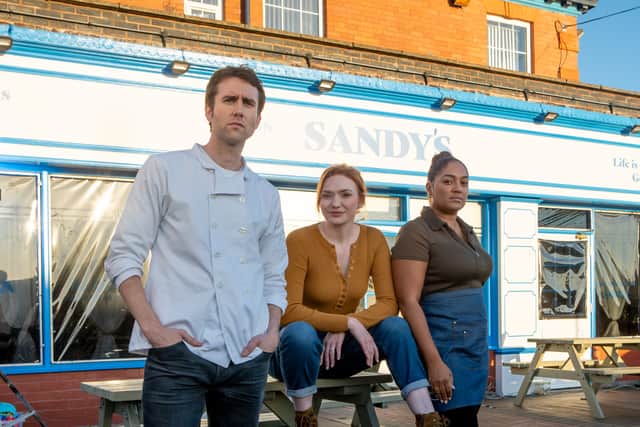 Matthew Lewis as Jimmy Brent, Eleanor Tomlinson as Amanda Blakefield and Danielle Walters as Sandy in The Fortune