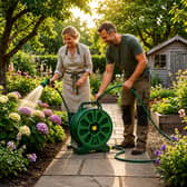 The anti-kink garden hose includes a seven-setting spray nozzle and compact storage reel for easier watering.