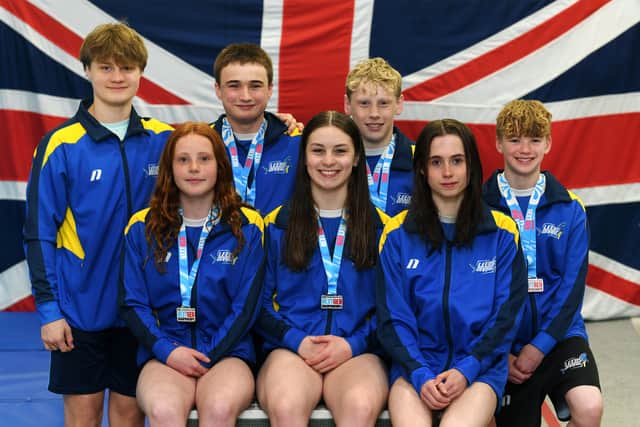 Junior Nationals medallists at the City Of Leeds Diving Club, John Charles Centre for Sport, Aquatic Centre.
Back row from left, Fred Crossley, Felix Wheeler, Seb Auld, Sam Baker.
Front row Flo Hall, Livia Thomas and Kate Gardner.
13th  April 2026.
Picture Jonathan Gawthorpe