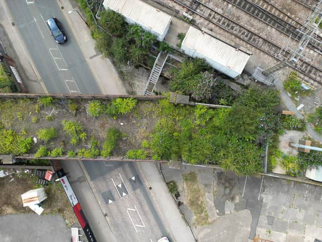 A visualisation of the Holbeck Viaduct high line in Leeds from above.