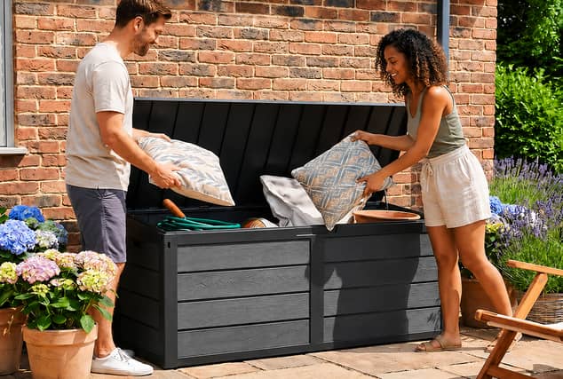 The 320L outdoor storage box is designed to tidy away garden clutter while protecting items from the weather