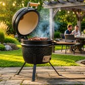 The compact ceramic BBQ is designed to deliver smoky charcoal cooking in gardens, patios and campsites