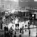 City Square and Wellington Street with the Queens Hotel on the left and the Majestic cinema on the right in May 1946. The Black Prince statue is visible on the far right. The brick air raid shelters built in the square during WW2 were later demolished.