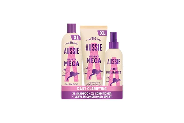 The Aussie bundle includes Mighty Mega Shampoo, Lightweight Conditioner and Hair Insurance Leave-In Spray.