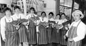Trevor Middleton, of Middleton Hargreaves butchers, pictured at Leeds Market on February 2, 1983, with staff members Carl Hilton, Brian Longbottom, Christopher Farmer, Roy Marsden, Colin Clark, Jackie Morgan and Graham Wray. He cut prices 'to the bone', thinking his shops might be closed due to storm damage.
