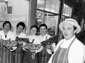 Trevor Middleton, of Middleton Hargreaves butchers, pictured at Leeds Market on February 2, 1983, with staff members Carl Hilton, Brian Longbottom, Christopher Farmer, Roy Marsden, Colin Clark, Jackie Morgan and Graham Wray. He cut prices 'to the bone', thinking his shops might be closed due to storm damage.