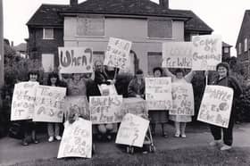 July 1988 and members of St Wilfrid's Residents Association demonstrate outside the block of former council flats in St Wilfrid's Avenue.