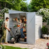 The steel garden shed combines lockable access, weather-resistant materials and generous storage space for outdoor essentials