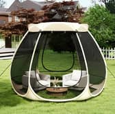 The foldable screened gazebo provides shade and insect protection for garden parties, barbecues, camping trips and summer gatherings.