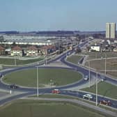 The roundabout at the junction of York Road (bottom left to top centre) and Ring Road (Seacroft) (bottom right to centre left). Coal Road runs above the Ring Road on the left circa late 1960s.