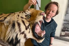 Curator Clare Brown with the Leeds Tiger.