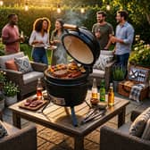 The compact ceramic kamado grill is designed to offer efficient heat retention for grilling, smoking and outdoor baking