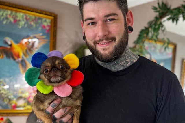 Chilli The Pug, with owner Oliver.