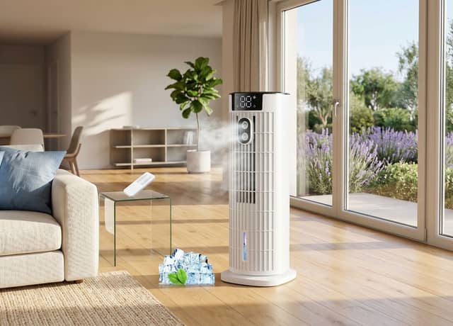 The compact CoamoTrail cooler combines oscillating airflow, two mist settings and remote operation in a portable tower design