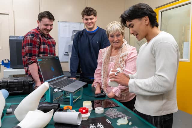 (L-R) Cameron Delaney, Teddy Strange, Mandy Neal, Hugo Wong. REMAP client Mandy is a quadruple amputee who shared her lived experience with the students