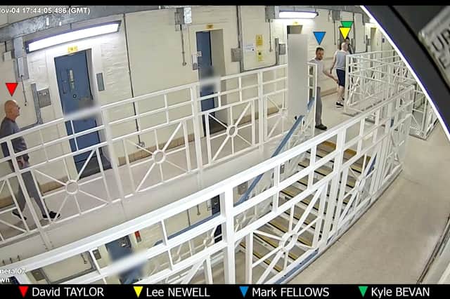 Kyle Bevan, 33, makes his way to his cell and is followed by Lee Newell, 57, Mark Fellows, 47, and David Taylor, 64.