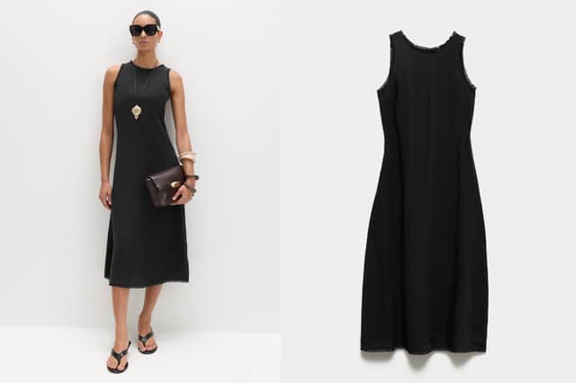 The M&S Round Neck Fringed Midi Column Dress is available in black and khaki and offers a smart option for summer workwear.