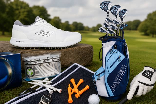 A selection of beginner-friendly golf equipment and accessories available from American Golf, including clubs, shoes, a glove and on-course essentials.