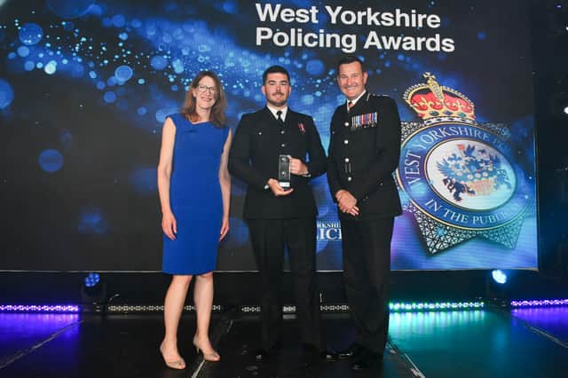 PC Rohan Stevenson receives his award from IOPC Director General Rachel Watson and Sir John Robins QPM DL