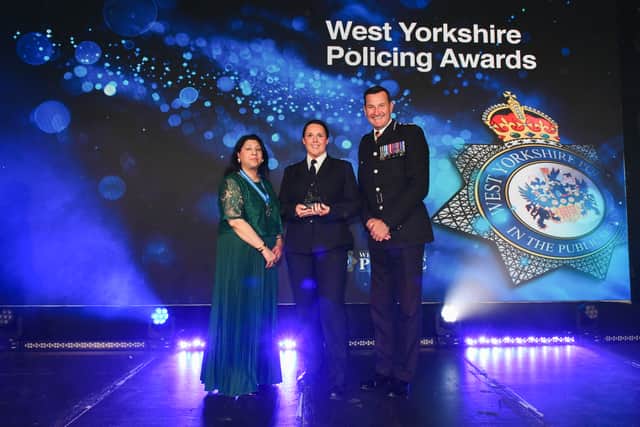 PS Rose Halloran receives her award from Dr Ruby Bhatti OBE DL High Sheriff of West Yorkshire and Sir John Robins QPM DL