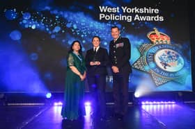 PS Rose Halloran receives her award from Dr Ruby Bhatti OBE DL High Sheriff of West Yorkshire and Sir John Robins QPM DL