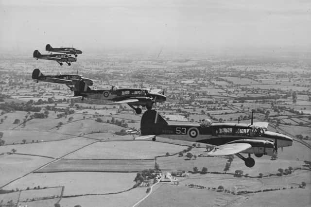 Trainee Royal Air Force pilots in flight in Avro Anson machines in October 1940.