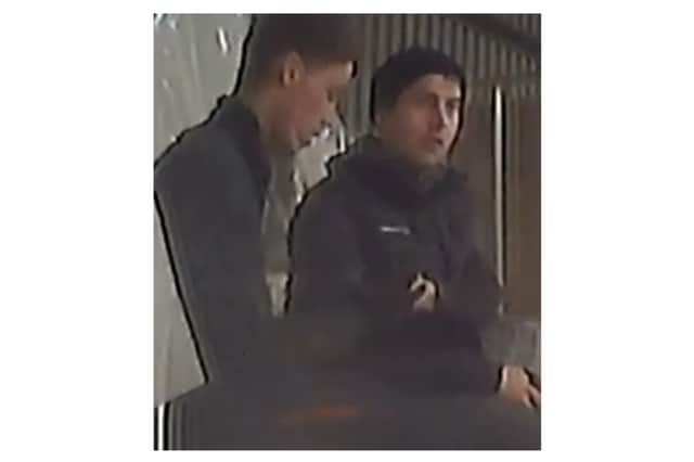 The image appeal shows two men police wish to speak to following three high-value warehouse burglaries