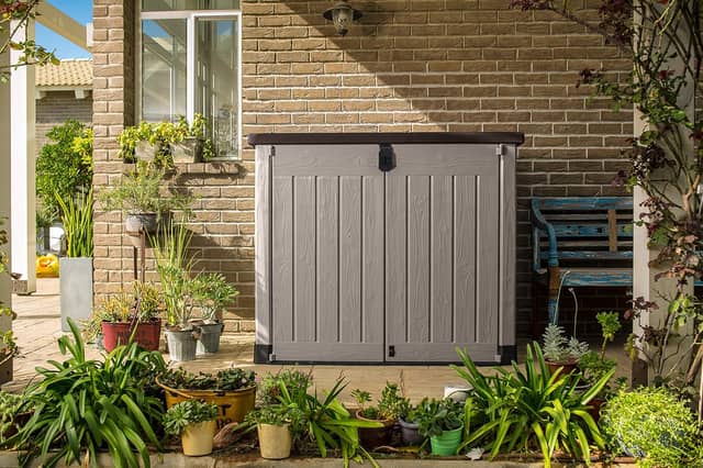 The Keter Store It Out Pro offers 1,200 litres of weather-resistant storage behind wide-opening doors and a piston-assisted lid