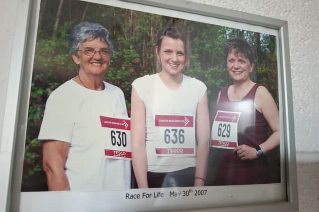 Christine, Charlotte, and Rachel, when they took part in Race for Life 19 years ago