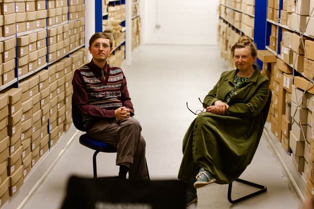 Alex Pearson and Ruth Goodman recording at West Yorkshire Archive