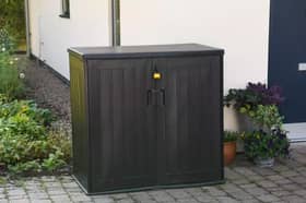 The garden storage range includes a compact cushion box and a larger 775-litre shed with lockable doors and a lifting lid