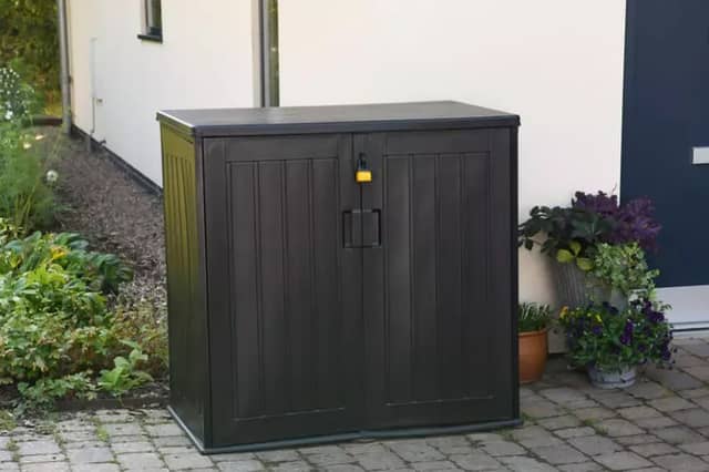The garden storage range includes a compact cushion box and a larger 775-litre shed with lockable doors and a lifting lid