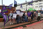 Pictured theatre assistants employed by Leeds teaching Hospitals NHS Trust out on the picket lines outside the LGI, Leeds.
