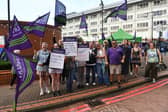 Pictured theatre assistants employed by Leeds teaching Hospitals NHS Trust out on the picket lines outside the LGI, Leeds.