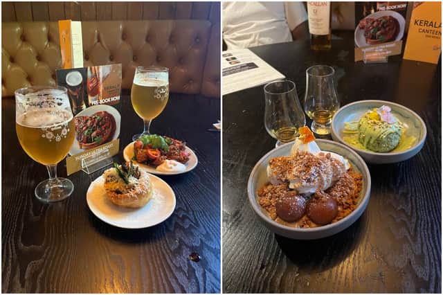 The bone marrow and beef curry Yorkshire pudding and Trivandrum fried chicken, and the Biscoff gulab jamun and pistachio and pepper semifreddo desserts